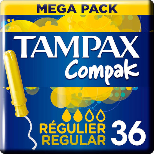 Tampax Compak Regular Tampones con Aplicador, 36 unidades. Protección antimanchas eficaz y discreta para flujo ligero a medio en un formato ahorro de larga duración. Tampax - frontal