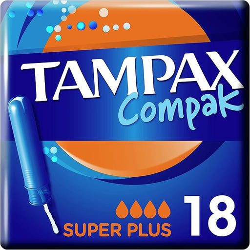 Tampax Compak Super Plus Tampones con Aplicador (18 uds): Máxima protección y discreción para los días de flujo muy abundante, con aplicador compacto. Tampax - frontal
