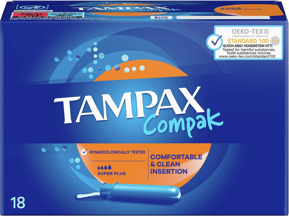 Tampax Compak Super Plus Tampones con Aplicador (18 uds): Máxima protección y discreción para los días de flujo muy abundante, con aplicador compacto. Tampax - presentacion