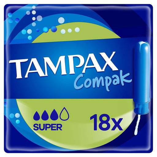 Tampax Compak Super Tampones con Aplicador Compacto (18 uds): Protección eficaz para flujo abundante en un formato discreto y fácil de llevar a todas partes. Tampax - frontal