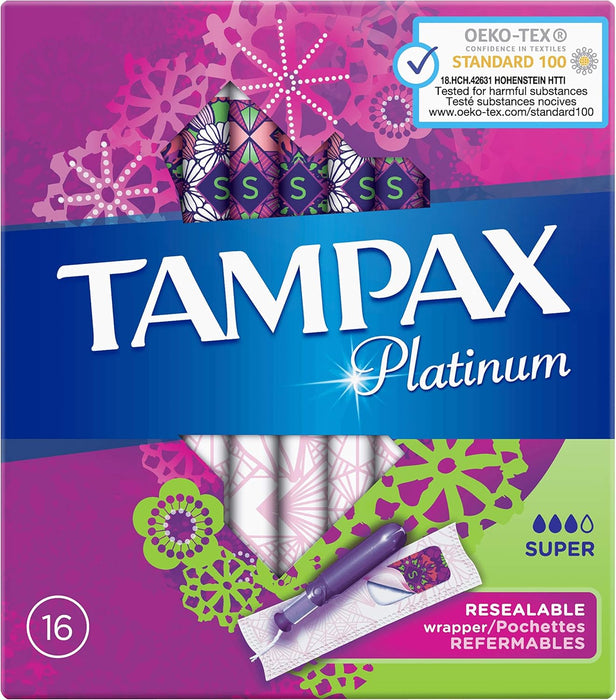 Tampax Platinum Super Tampones con Aplicador (16 uds): Disfruta de la combinación nº1 de confort, protección y discreción para flujo medio a abundante. Tampax - pack