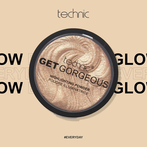 Technic Get Gorgeous Polvo Iluminador Highlighting Powder, tono 24 ct Oro (6g). Consigue un brillo dorado espectacular para rostro y cuerpo con este iluminador de alta pigmentación. Technic - pack