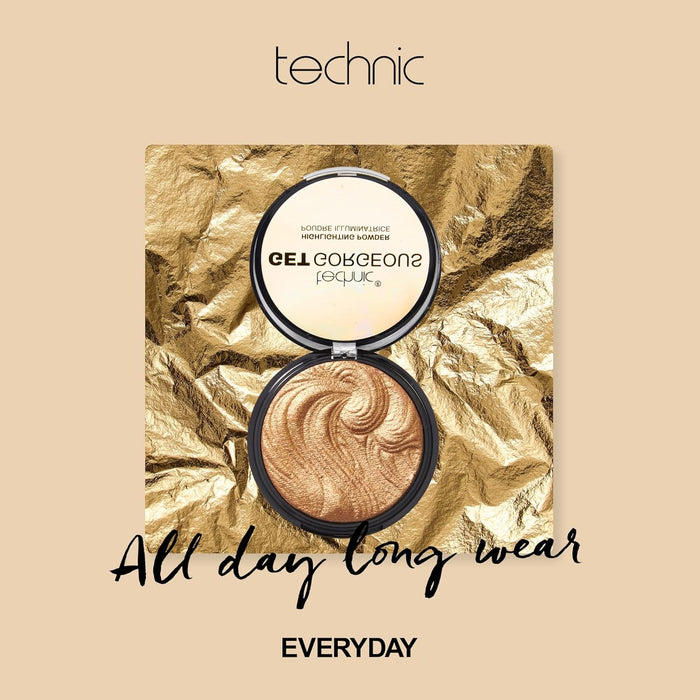 Technic Get Gorgeous Polvo Iluminador Highlighting Powder, tono 24 ct Oro (6g). Consigue un brillo dorado espectacular para rostro y cuerpo con este iluminador de alta pigmentación. Technic - detalle