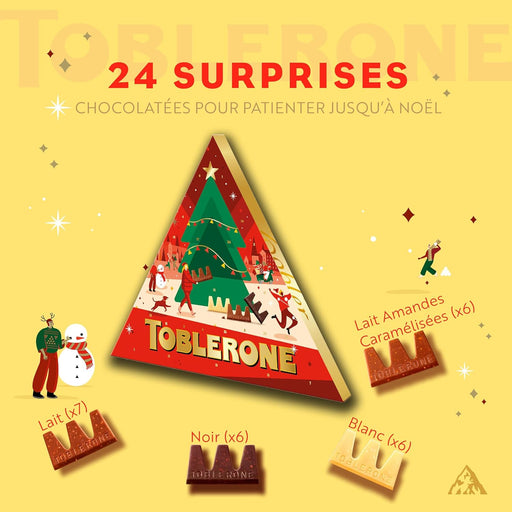 Calendario de Adviento Toblerone con 200g de chocolate suizo. Incluye una deliciosa selección de mini chocolatinas con miel y almendras para una Navidad triangularmente perfecta. Toblerone - pack