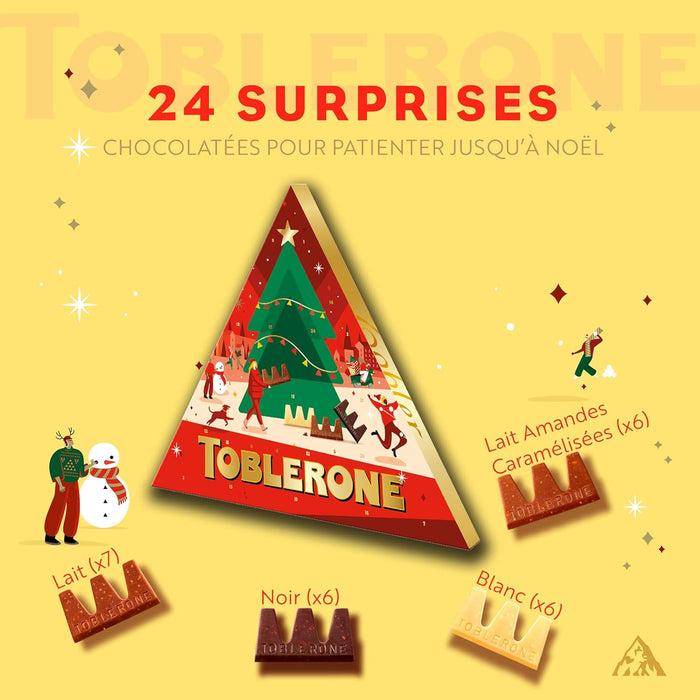 Calendario de Adviento Toblerone con 200g de chocolate suizo. Incluye una deliciosa selección de mini chocolatinas con miel y almendras para una Navidad triangularmente perfecta. Toblerone - pack