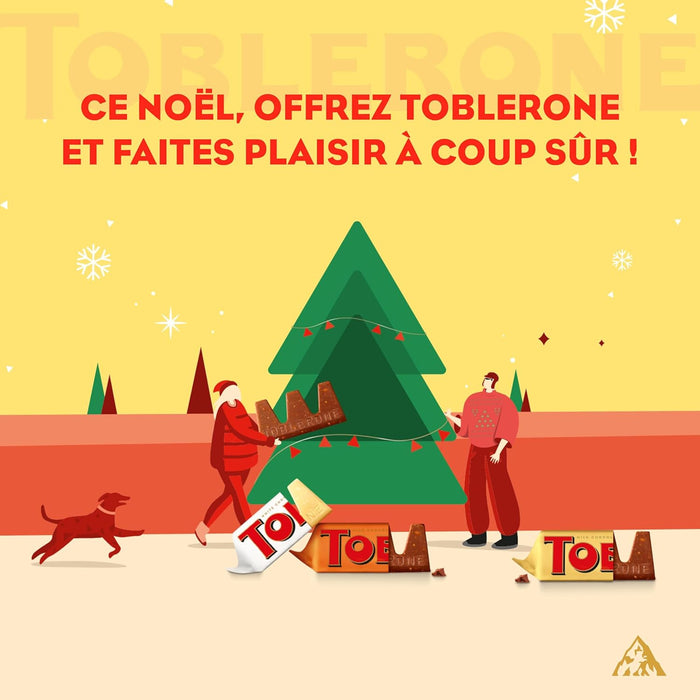 Calendario de Adviento Toblerone con 200g de chocolate suizo. Incluye una deliciosa selección de mini chocolatinas con miel y almendras para una Navidad triangularmente perfecta. Toblerone - detalle
