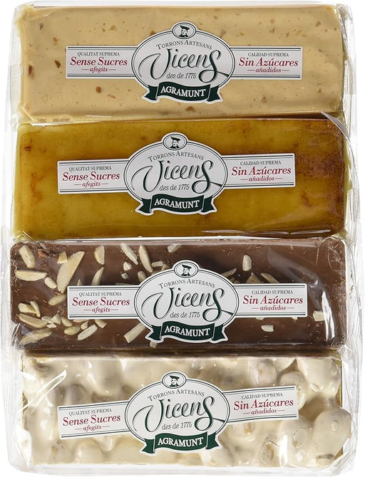 Torrons Vicens Estuche Surtido de Turrones sin Azúcar (320g): Una selección de 4 variedades clásicas para disfrutar del sabor artesano sin azúcares añadidos. Torrons Vicens - frontal