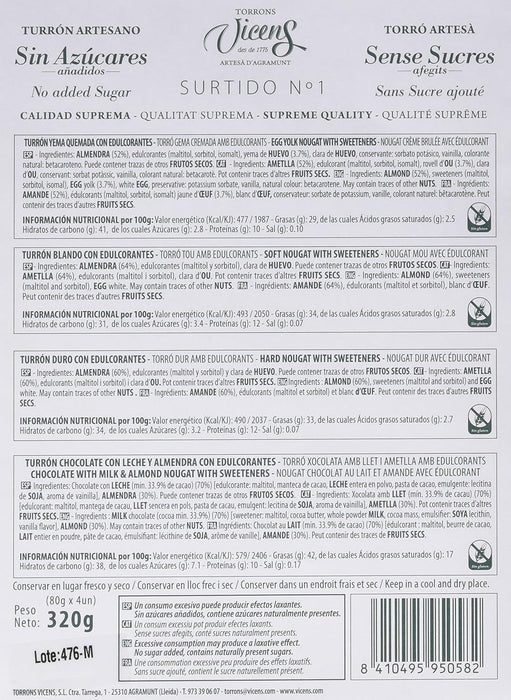 Torrons Vicens Estuche Surtido de Turrones sin Azúcar (320g): Una selección de 4 variedades clásicas para disfrutar del sabor artesano sin azúcares añadidos. Torrons Vicens - pack