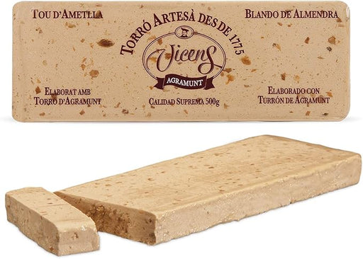 Torrons Vicens Turrón Blando de Almendra Artesano (500g): Disfruta del auténtico turrón de Jijona, elaborado de forma tradicional y sin gluten, en un generoso formato familiar. Torrons Vicens - frontal