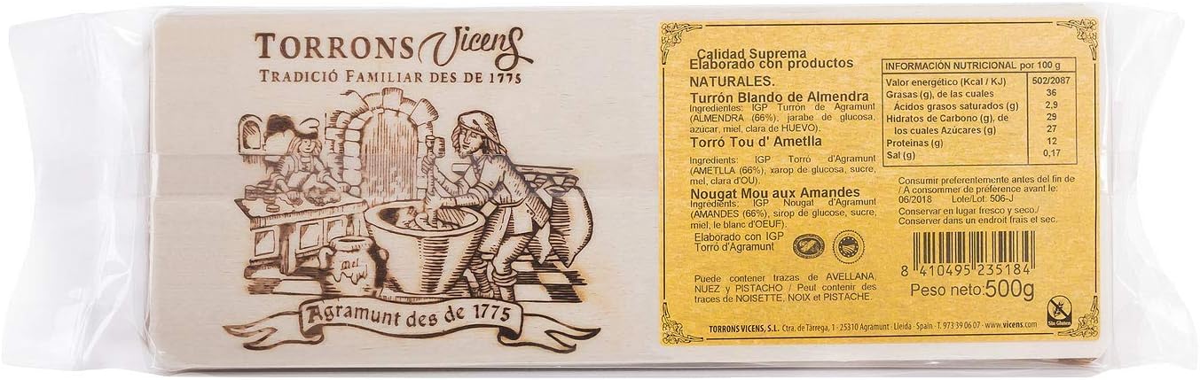 Torrons Vicens Turrón Blando de Almendra Artesano (500g): Disfruta del auténtico turrón de Jijona, elaborado de forma tradicional y sin gluten, en un generoso formato familiar. Torrons Vicens - pack