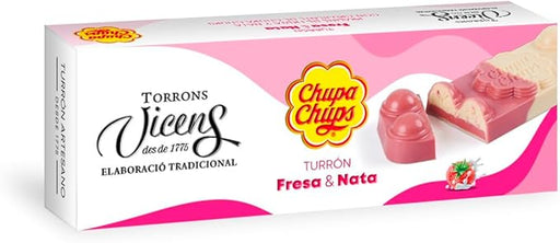 Torrons Vicens Turrón de Chupa Chups Fresa y Nata (Estuche 150g): La sorprendente fusión del praliné de nata con un crujiente de fresa y peta zetas. Torrons Vicens - frontal