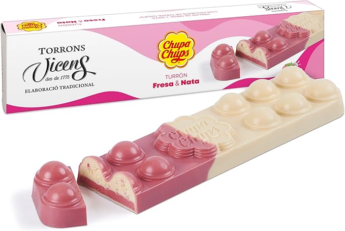 Torrons Vicens Turrón de Chupa Chups Fresa y Nata (Formato Grande 300g): La colaboración más divertida en un estuche ideal para compartir y sorprender. Torrons Vicens - frontal