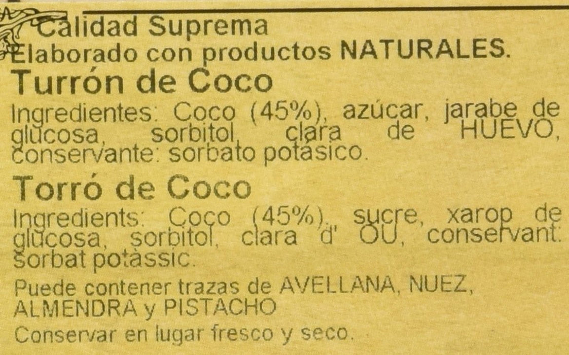 Torrons Vicens Turrón de Coco Artesano (300g): Disfruta del sabor exótico y la textura jugosa del auténtico turrón de coco elaborado de forma tradicional. Torrons Vicens - ingredientes