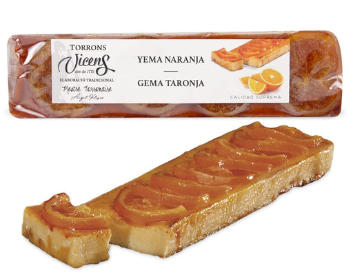 Torrons Vicens Turrón de Yema a la Naranja, 300g. Turrón artesanal especial que combina la cremosidad de la yema confitada con el toque cítrico de la naranja. Torrons Vicens - frontal