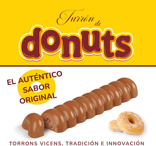 Turrón de Donuts Torrons Vicens, 300 grs. Innovador turrón con praliné de almendras y el auténtico sabor de los Donuts, elaborado por el maestro turronero Ángel Velasco. Torrons Vicens - pack