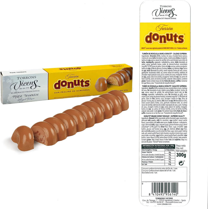 Turrón de Donuts Torrons Vicens, 300 grs. Innovador turrón con praliné de almendras y el auténtico sabor de los Donuts, elaborado por el maestro turronero Ángel Velasco. Torrons Vicens - uso