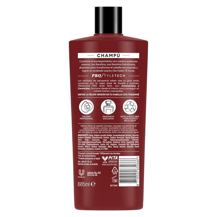 TRESemmé Champú Liso Keratina, Pack de 6 x 685 ml. Champú bajo en sulfatos con Aceite de Marula y Keratina para controlar el encrespamiento hasta 72h y conseguir 5 beneficios. Tresemmé - detalle
