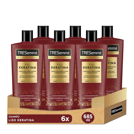 TRESemmé Champú Liso Keratina, Pack de 6 x 685 ml. Champú bajo en sulfatos con Aceite de Marula y Keratina para controlar el encrespamiento hasta 72h y conseguir 5 beneficios. Tresemmé - frontal