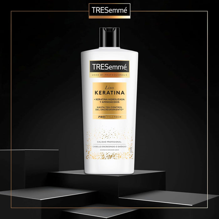 TRESemmé Champú Liso Keratina, Pack de 6 x 685 ml. Champú bajo en sulfatos con Aceite de Marula y Keratina para controlar el encrespamiento hasta 72h y conseguir 5 beneficios. Tresemmé - lateral