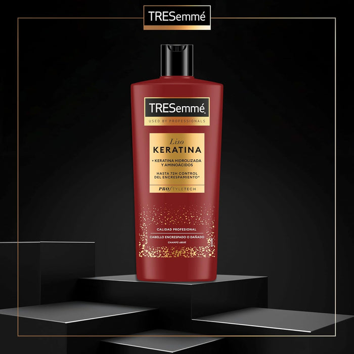 TRESemmé Champú Liso Keratina, Pack de 6 x 685 ml. Champú bajo en sulfatos con Aceite de Marula y Keratina para controlar el encrespamiento hasta 72h y conseguir 5 beneficios. Tresemmé - presentacion