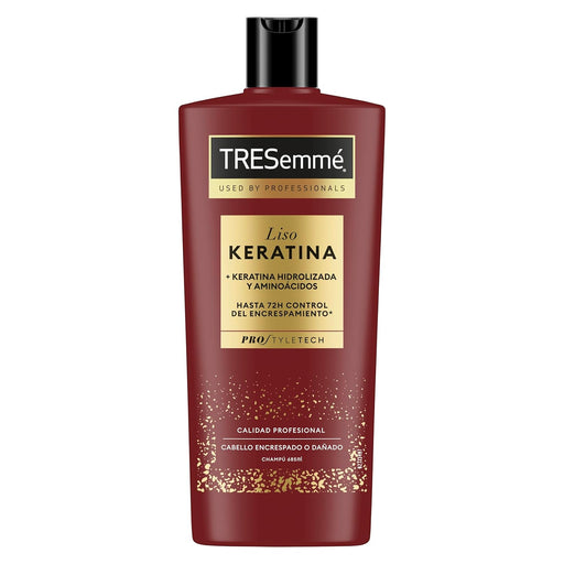 TRESemmé Champú Liso Keratina, Pack de 6 x 685 ml. Champú bajo en sulfatos con Aceite de Marula y Keratina para controlar el encrespamiento hasta 72h y conseguir 5 beneficios. Tresemmé - pack