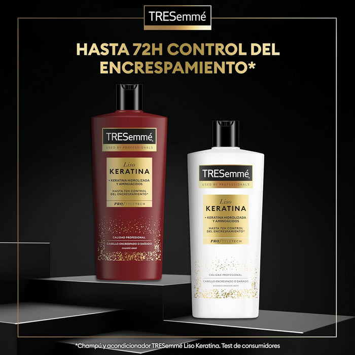 TRESemmé Champú Liso Keratina, Pack de 6 x 685 ml. Champú bajo en sulfatos con Aceite de Marula y Keratina para controlar el encrespamiento hasta 72h y conseguir 5 beneficios. Tresemmé - uso
