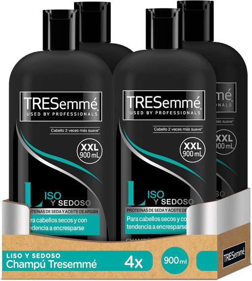 TRESemmé Champú Liso y Sedoso (Pack Ahorro 4x900ml): Consigue un cabello suave, brillante y sin encrespamiento con este tratamiento con Aceite de Argán y Proteínas de Seda. Tresemmé - frontal