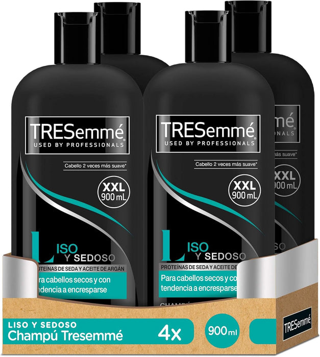 TRESemmé Champú Liso y Sedoso (Pack Ahorro 4x900ml): Consigue un cabello suave, brillante y sin encrespamiento con este tratamiento con Aceite de Argán y Proteínas de Seda. Tresemmé - frontal
