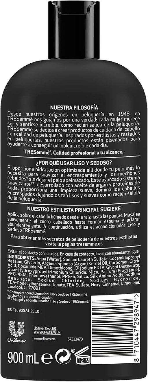 TRESemmé Champú Liso y Sedoso (Pack Ahorro 4x900ml): Consigue un cabello suave, brillante y sin encrespamiento con este tratamiento con Aceite de Argán y Proteínas de Seda. Tresemmé - pack