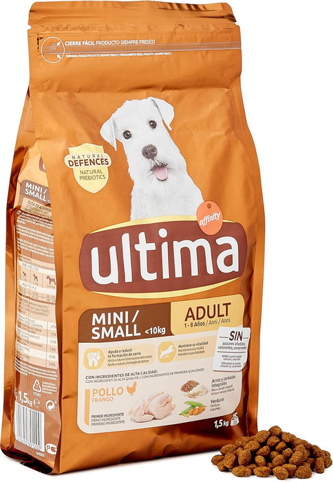 Ultima Pienso para Perros Pequeño Adulto con Pollo, Pack de 4 x 1,5kg (Total 6kg). Alimento seco completo para perros de razas pequeñas que ayuda a reducir el sarro. Ultima - ingredientes