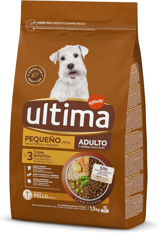 Ultima Pienso para Perros Pequeño Adulto con Pollo, Pack de 4 x 1,5kg (Total 6kg). Alimento seco completo para perros de razas pequeñas que ayuda a reducir el sarro. Ultima - pack