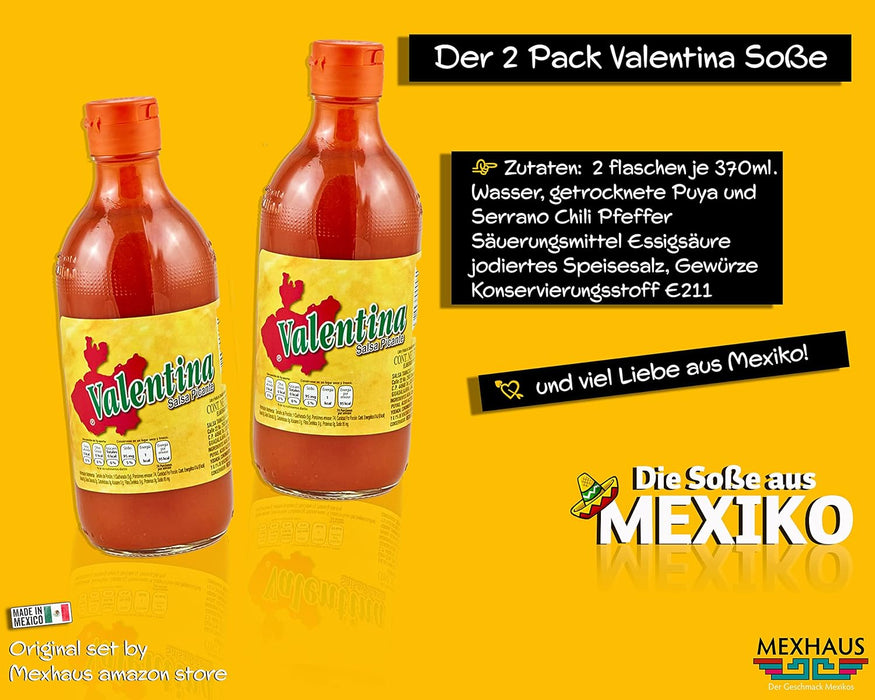 Salsa Valentina Picante Clásica Etiqueta Roja (Pack 2x370ml): El dúo imprescindible del auténtico sabor mexicano, con el toque justo de picante para disfrutar a diario. Valentina - ingredientes