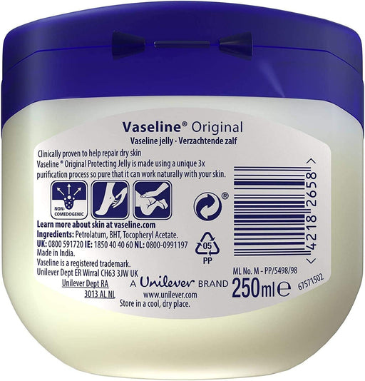 Vaseline Pure Petroleum Jelly, Pack de 3 x 250 ml. El gel de petrolato puro original para mantener la piel sana y protegida, un suavizante eficaz para piel y labios. Vaseline - pack