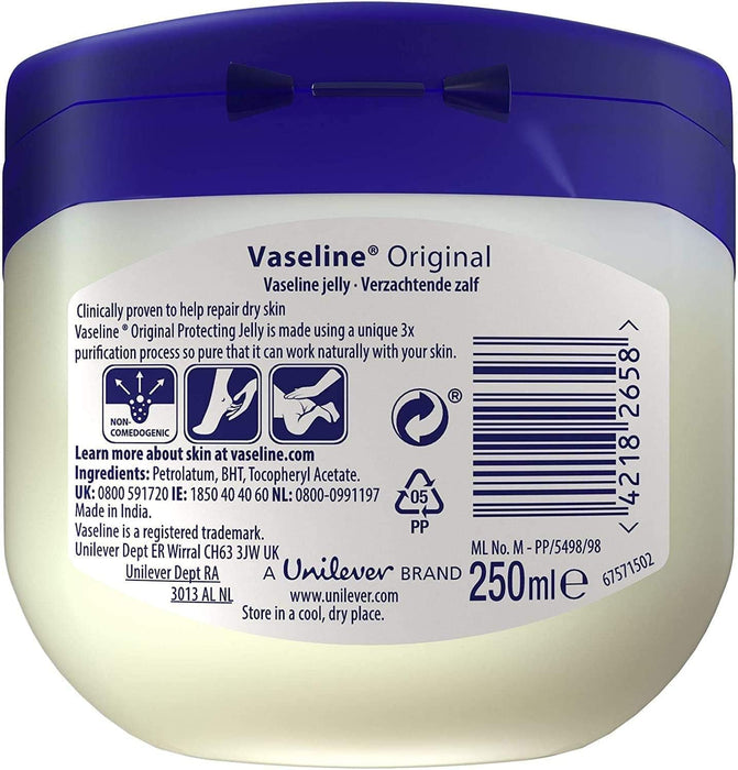 Vaseline Pure Petroleum Jelly, Pack de 3 x 250 ml. El gel de petrolato puro original para mantener la piel sana y protegida, un suavizante eficaz para piel y labios. Vaseline - pack