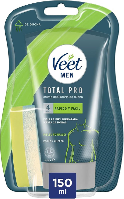 Veet Men Crema Depilatoria Corporal para Ducha, 150 ml. Para piel normal, elimina el vello de forma rápida y eficaz en espalda, pecho, brazos y piernas, hidratando la piel. Veet - frontal