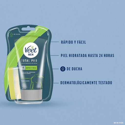 Veet Men Crema Depilatoria Corporal para Ducha, 150 ml. Para piel normal, elimina el vello de forma rápida y eficaz en espalda, pecho, brazos y piernas, hidratando la piel. Veet - pack