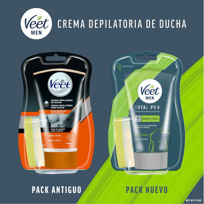 Veet Men Crema Depilatoria Corporal para Ducha, 150 ml. Para piel normal, elimina el vello de forma rápida y eficaz en espalda, pecho, brazos y piernas, hidratando la piel. Veet - uso