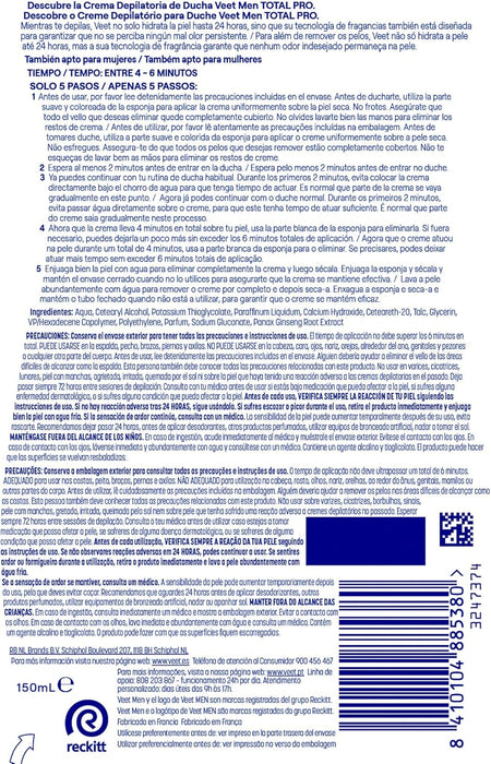 Veet Men Crema Depilatoria Corporal para Ducha, 150 ml. Para piel normal, elimina el vello de forma rápida y eficaz en espalda, pecho, brazos y piernas, hidratando la piel. Veet - zoom