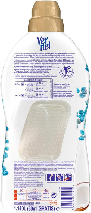 Vernel Aromaterapia Suavizante Agua de Coco & Minerales (Pack 8x57 Lavados): Sumérgete en una experiencia de frescor exótico y duradero para 456 lavados. Vernel - detalle