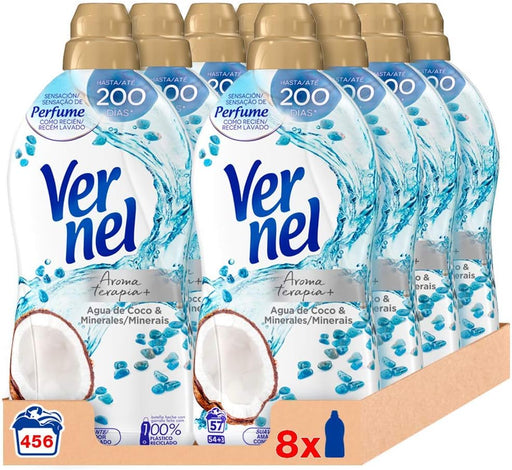 Vernel Aromaterapia Suavizante Agua de Coco & Minerales (Pack 8x57 Lavados): Sumérgete en una experiencia de frescor exótico y duradero para 456 lavados. Vernel - frontal