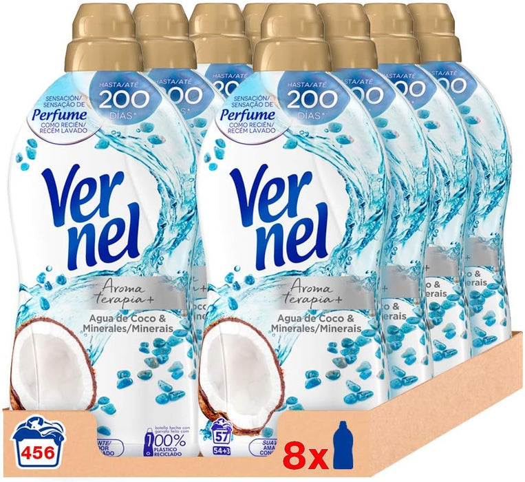 Vernel Aromaterapia Suavizante Agua de Coco & Minerales (Pack 8x57 Lavados): Sumérgete en una experiencia de frescor exótico y duradero para 456 lavados. Vernel - frontal