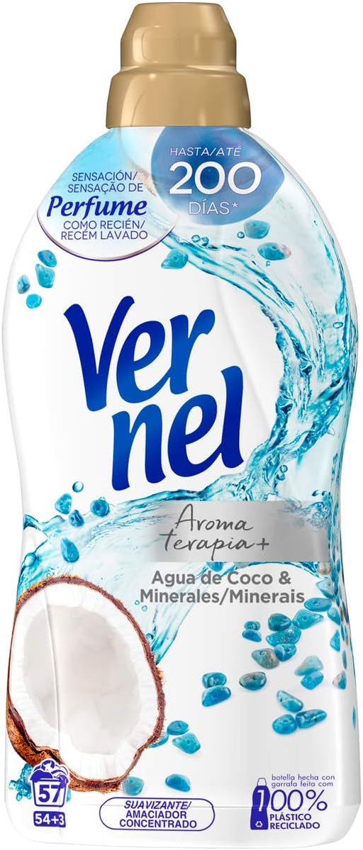 Vernel Aromaterapia Suavizante Agua de Coco & Minerales (Pack 8x57 Lavados): Sumérgete en una experiencia de frescor exótico y duradero para 456 lavados. Vernel - pack