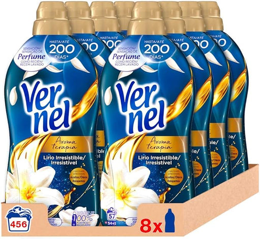 Vernel Aromaterapia Suavizante Lirio y Aceite de Jazmín (Pack 8x57 Lavados): Sumérgete en una fragancia floral y relajante que dura semanas en tu ropa. Vernel - frontal