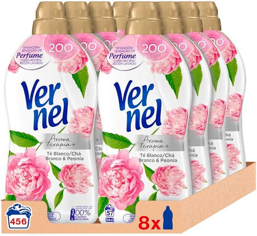 Vernel Aromaterapia Suavizante Té Blanco y Peonía (Pack 8x57 Lavados): Una fragancia delicada y relajante para 456 lavados de suavidad y frescor duradero. Vernel - frontal