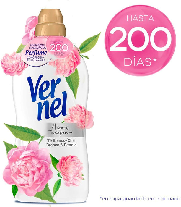 Vernel Aromaterapia Suavizante Té Blanco y Peonía (Pack 8x57 Lavados): Una fragancia delicada y relajante para 456 lavados de suavidad y frescor duradero. Vernel - lateral