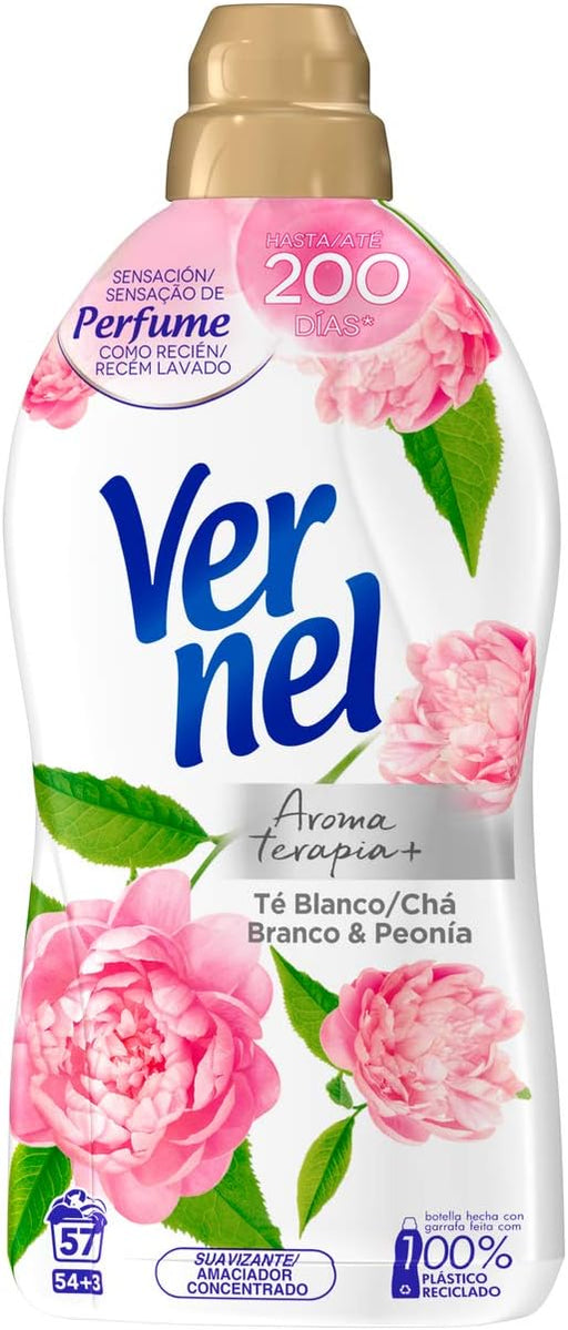 Vernel Aromaterapia Suavizante Té Blanco y Peonía (Pack 8x57 Lavados): Una fragancia delicada y relajante para 456 lavados de suavidad y frescor duradero. Vernel - pack