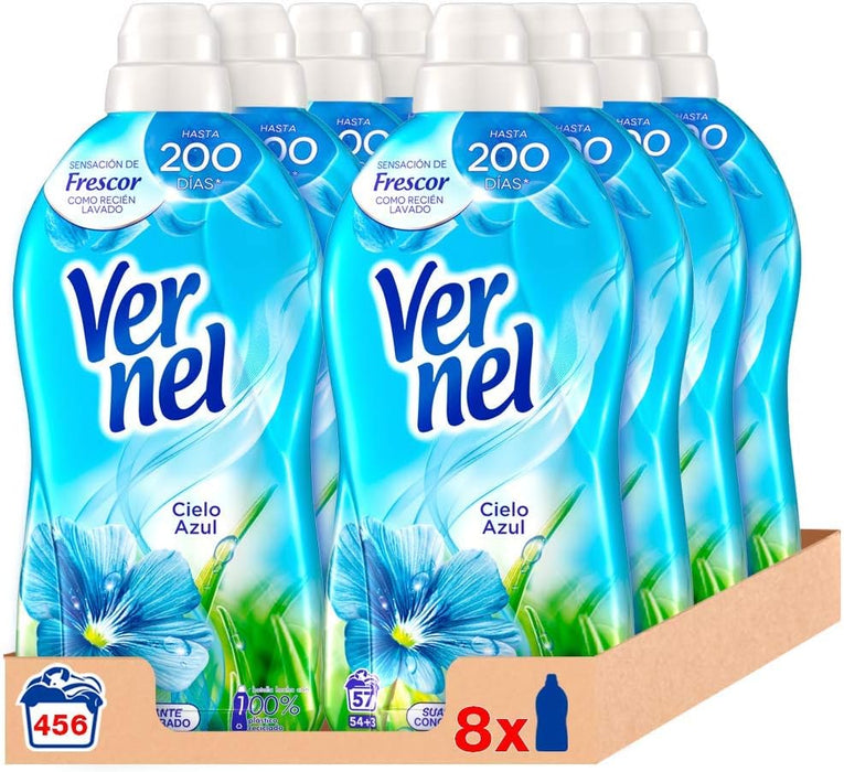 Vernel Suavizante Cielo Azul (Mega Pack 8x57 Lavados): Disfruta de un total de 456 lavados de suavidad increíble y un frescor que dura hasta 200 días. Vernel - extra