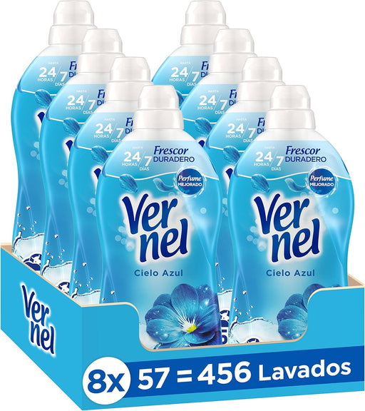Vernel Suavizante Cielo Azul (Mega Pack 8x57 Lavados): Disfruta de un total de 456 lavados de suavidad increíble y un frescor que dura hasta 200 días. Vernel - frontal
