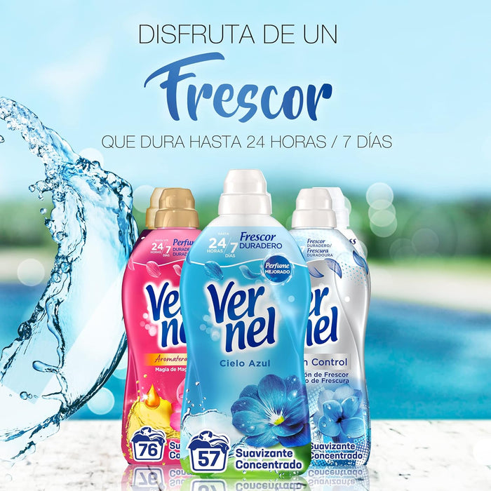Vernel Suavizante Cielo Azul (Mega Pack 8x57 Lavados): Disfruta de un total de 456 lavados de suavidad increíble y un frescor que dura hasta 200 días. Vernel - lateral