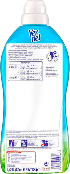 Vernel Suavizante Concentrado Cielo Azul (76 Lavados): Disfruta de una suavidad increíble y una fragancia fresca que dura hasta 200 días en tu ropa. Vernel - pack